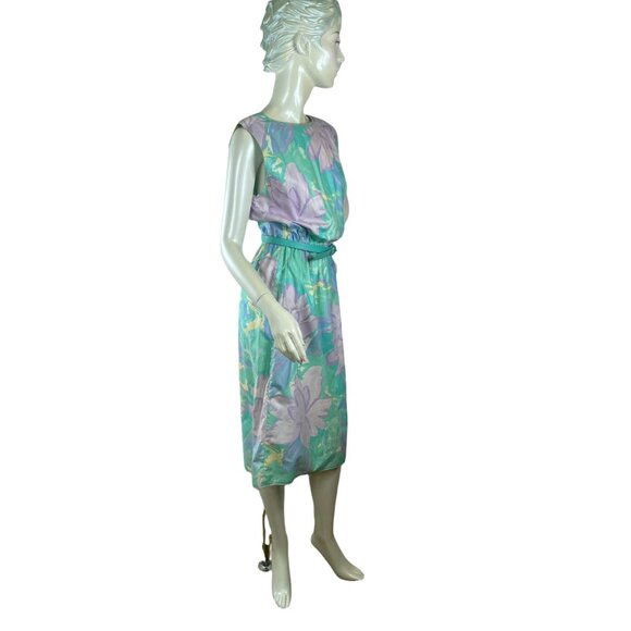 80s/90s Floral Cotton Dress With Elastic Waist And Belt Size M/L - Picture 5 of 5